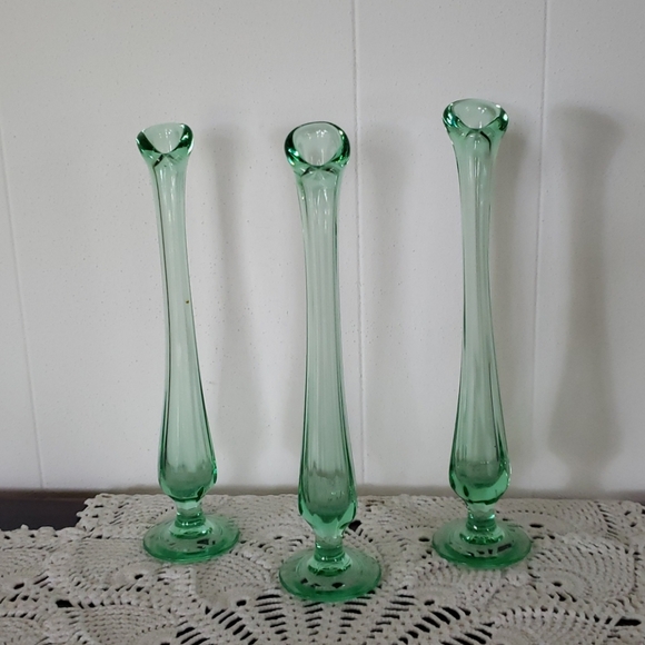 Lot of 3 Vintage Handblown Green Glass Bud Vases